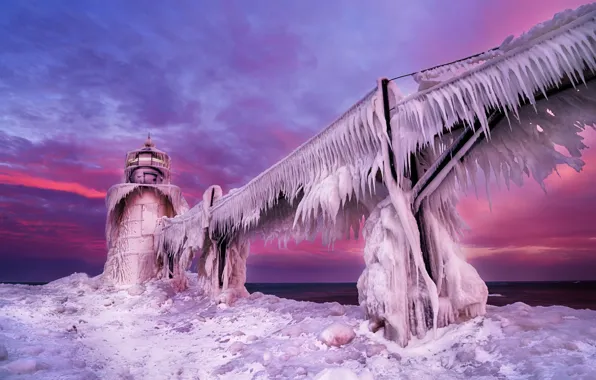Winter, sea, the sky, clouds, snow, sunset, shore, lighthouse