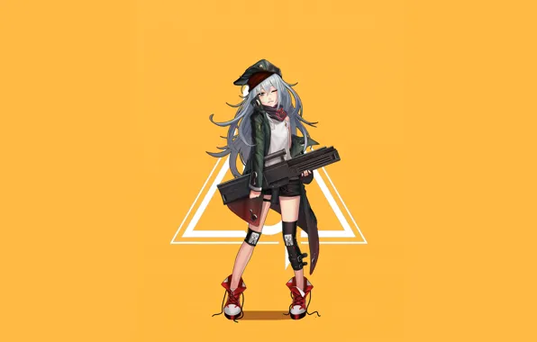 Girl, weapons, anime, art, cap, yellow background, knee pads, Girls Frontline