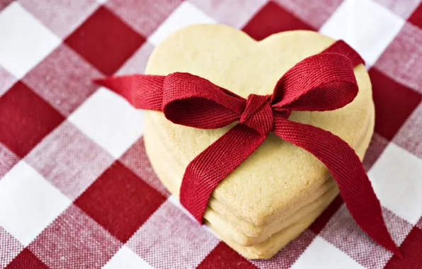 Macro, heart, cookies, tape, hearts, form, bow, tablecloth