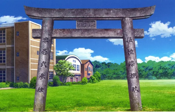 Green grass, characters, Japan, school, blue sky, visual novel, torii gate, Surah Of The Digit