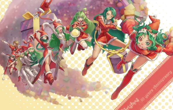 Emotions, boots, gifts, Christmas, green hair, girls, different eyes, the Santa hat