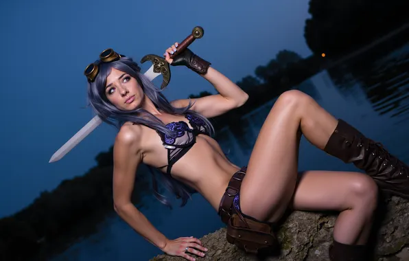 Picture sword, fantasy, photography, woman, night, purple eyes, cosplay, digital art