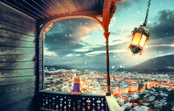 Picture snow, the city, the wind, art, girl, lantern, photoshop