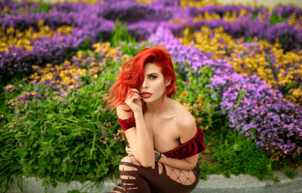 Picture look, flowers, model, portrait, makeup, hairstyle, sitting, flowerbed