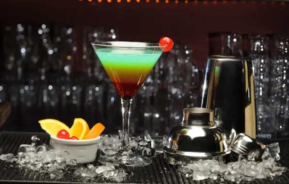 Ice, cherry, orange, bar, cocktail