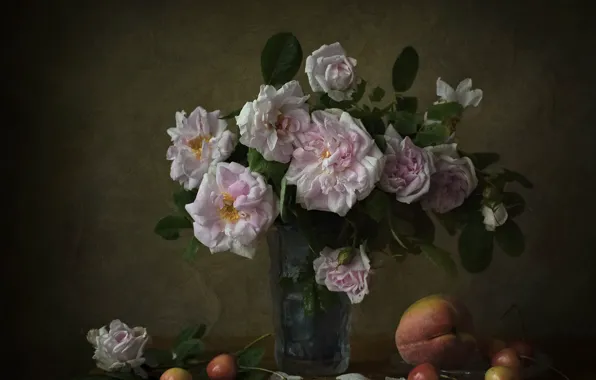 Berries, table, food, roses, bouquet, vase, pink, still life