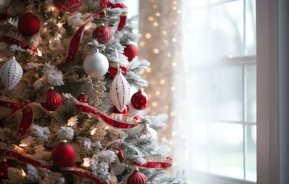 Balls, Christmas, red, New year, tree, white, herringbone, light background