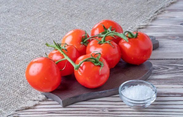 Drops, Board, red, fabric, grey background, vegetables, tomatoes, burlap