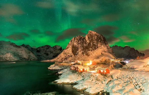 Stars, night, Northern lights, Norway, settlement, The Lofoten Islands
