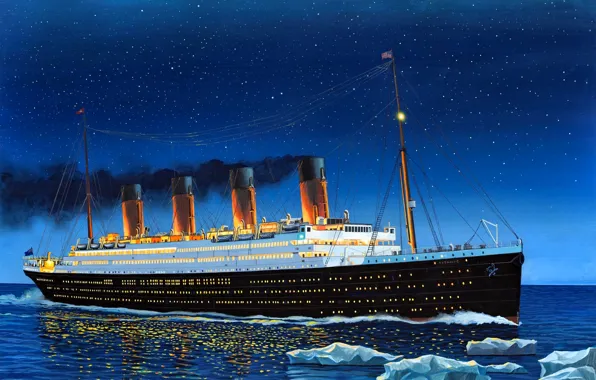 Night, Ice, UK, Transatlantic steamer, "Titanic", The second ship of the class "Olympic"