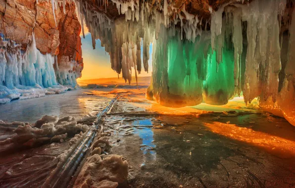 Winter, color, sunset, nature, lake, ice, icicles, Baikal