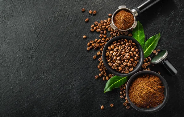 Picture leaves, coffee, grain, black background, coffee grinder, coffee beans