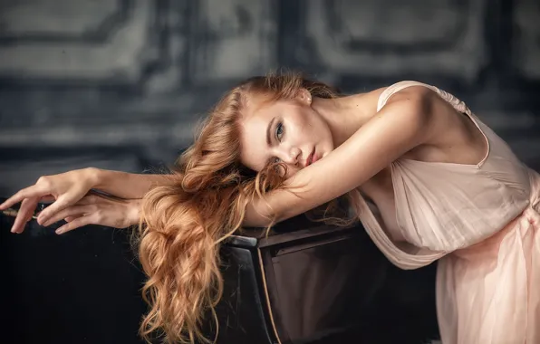 Chest, look, girl, pose, dress, piano, blonde, curls