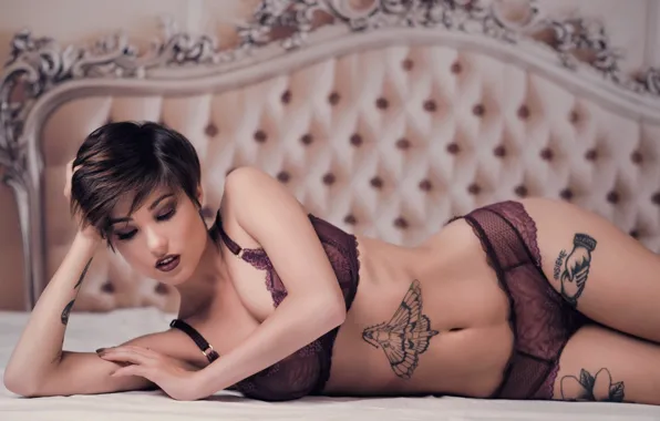 Girl, haircut, bed, makeup, brunette, tattoo, linen, back