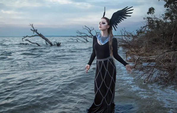 Sea, girl, pose, the situation, makeup, dress, chain, wings