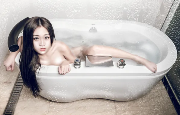 Picture look, foam, drops, pose, hair, bath, Asian