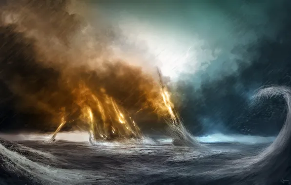 Sea, wave, storm, lights, rain, art