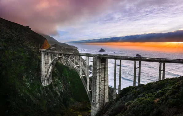 The sky, bridge, nature, dawn, coast, California, Bixby Bridge