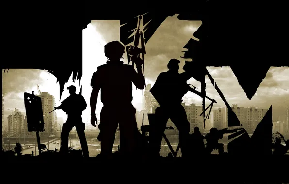 Picture the sky, the city, weapons, Apocalypse, minimalism, silhouette, soldiers, zombies