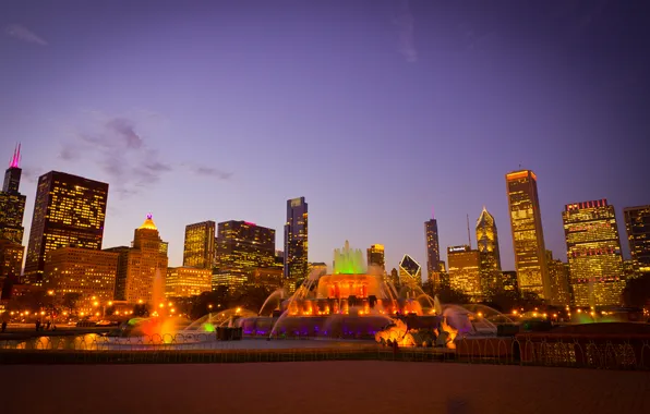 City, the city, lights, Park, the evening, fountain, USA, Chicago