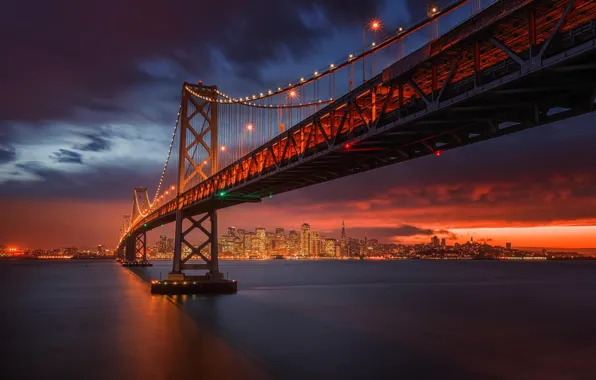 Sunset, bridge, CA, San Francisco, night city, California, San Francisco, Bay Bridge