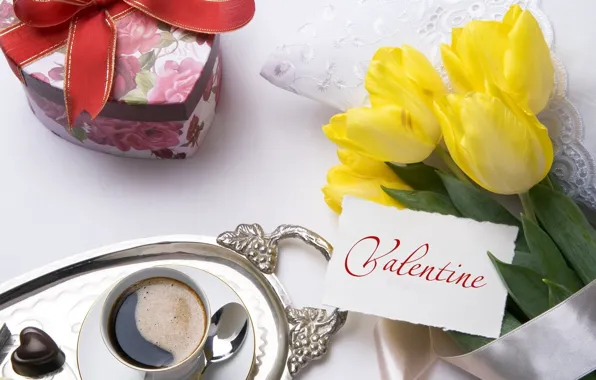 Gift, coffee, tulips, Valentine's day, Day Valentine