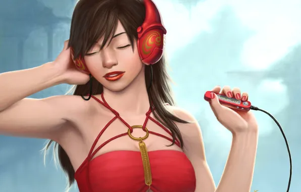 Picture girl, music, figure, headphones, art, player, characters