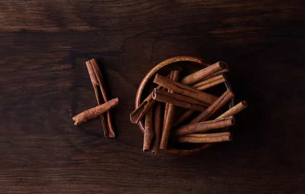 Board, bowl, cinnamon, brown background, spices, bowl