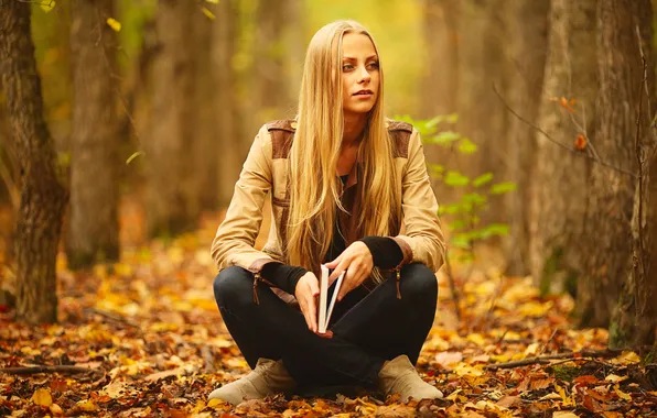 Girl, park, autumn, leaves, blonde, sitting, long-haired