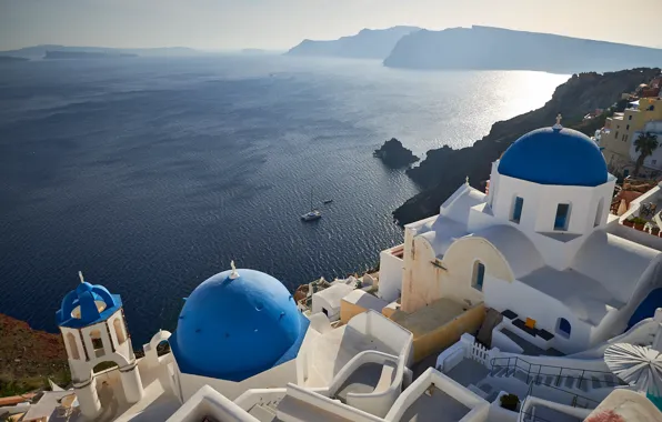 Sea, the sun, rocks, coast, height, home, Greece, the view from the top