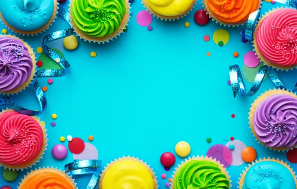 Candles, colorful, rainbow, cake, cream, Happy Birthday, colours, cupcake