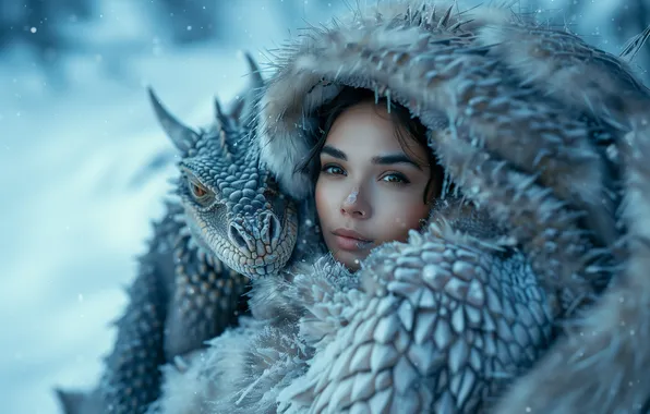 Winter, look, girl, snow, pose, dragon, brunette, fantasy