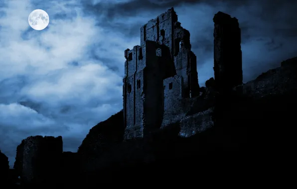 Night, the moon, silhouette, the ruins, fortress