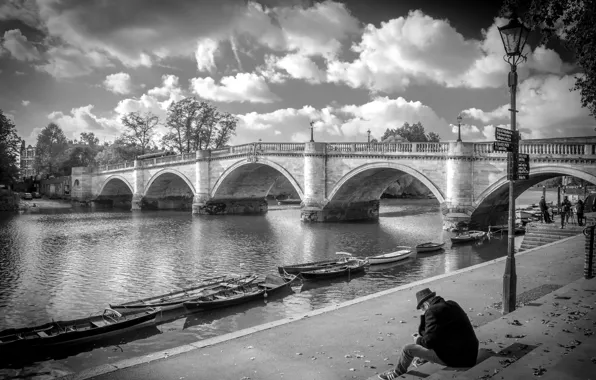 Picture river, boat, England, London, arch, Richmond bridge