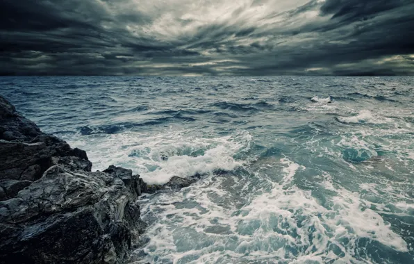 Sea, wave, the sky, water, squirt, clouds, rock, overcast