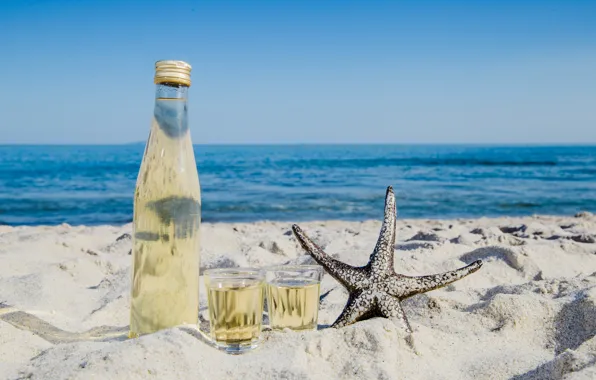 Picture sand, sea, coast, star, drink, lemonade