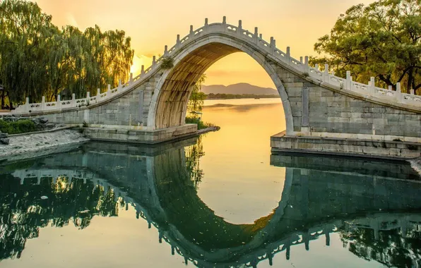 Picture the sky, clouds, trees, landscape, sunset, bridge, nature, lake