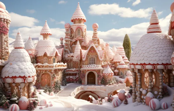 Winter, the sky, clouds, balls, snow, house, castle, home