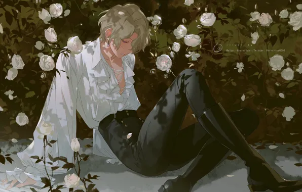Boots, guy, white roses, blonde, ruffles, white shirt, the rose Bush