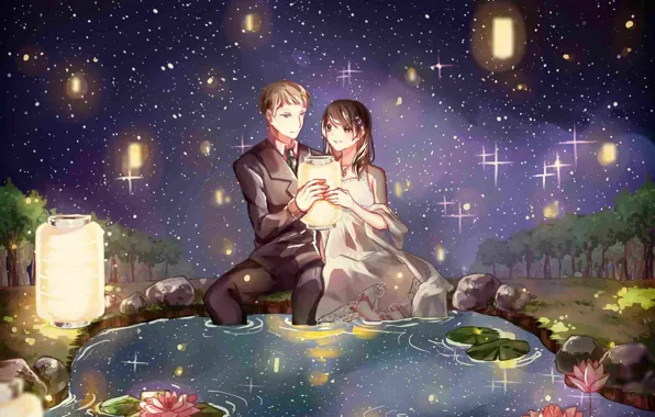 Girl, stars, night, pond, lights, costume, guy, two