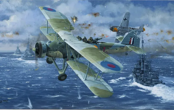 Picture sea, attack, ships, picture, dogfight, Focke-Wulf, Fairey Swordfish, FW-190