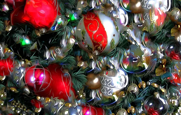 Rendering, balls, tree, new year, Christmas, decoration