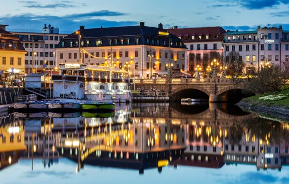 Water, bridge, lights, reflection, river, home, the evening, pier