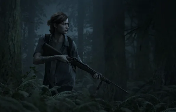 Forest, nature, night, tattoo, rifle, The Last of Us, Naughty Dog, Ellie