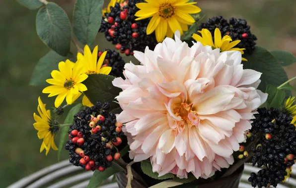 Flowers, berries, pink, bouquet, yellow, fruit, Dahlia, different