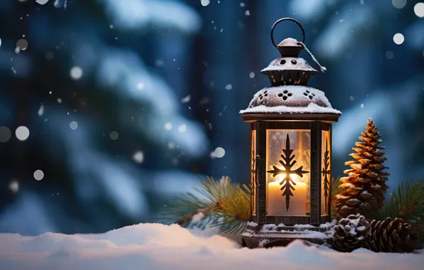 Picture winter, snow, night, Christmas, lantern, New year, Christmas, night