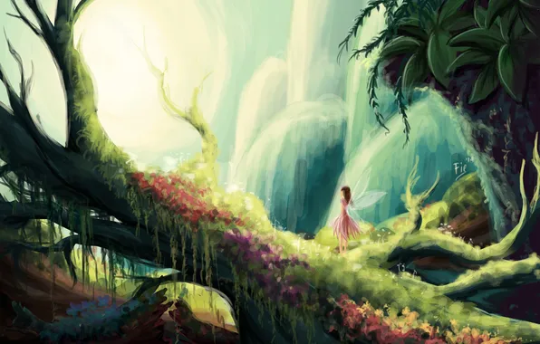 Picture forest, trees, nature, moss, wings, fairy, art
