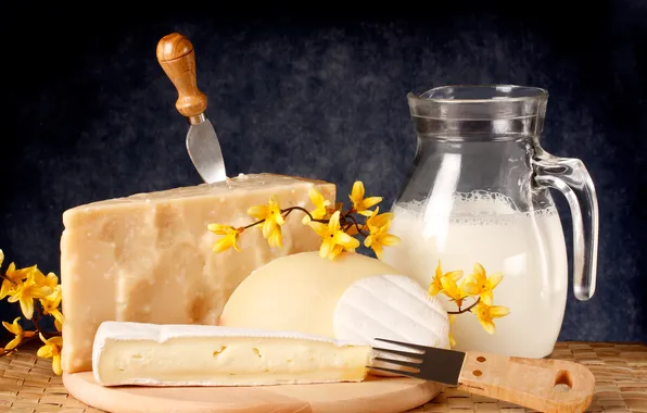 Flowers, cheese, milk, knife, flowers, milk, knife, cheese