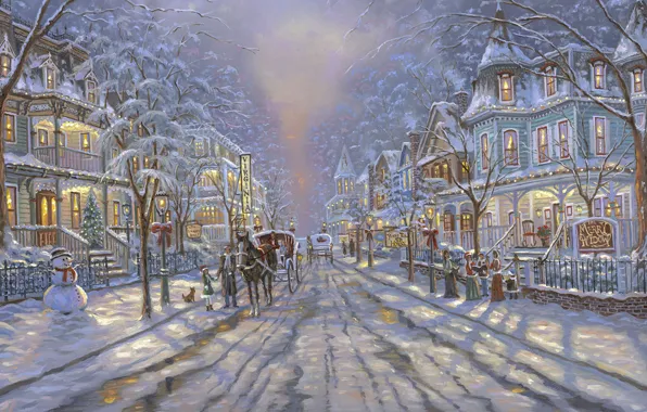 Picture road, street, Christmas, snowman, tree, painting, Christmas, Robert Finale