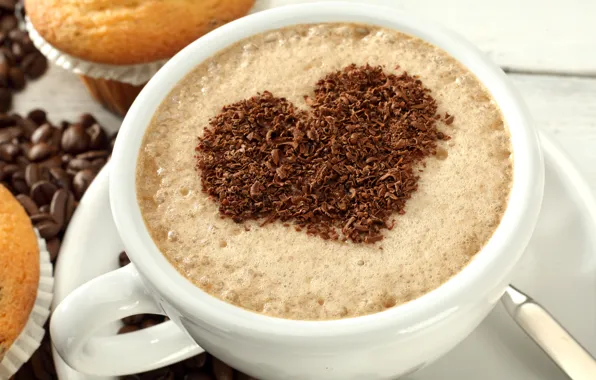 Love, heart, coffee, chocolate, love, heart, cup, beans
